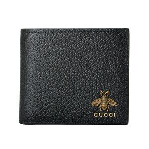 Gucci Men's Animalier Bee Textured Black Leather Bifold Wallet